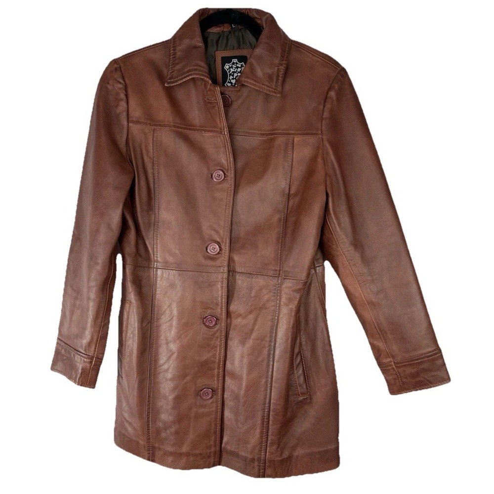 Real Leather Woman's Petite 3/4 Length Cognac Waxed  Lambskin Leather Coat Large